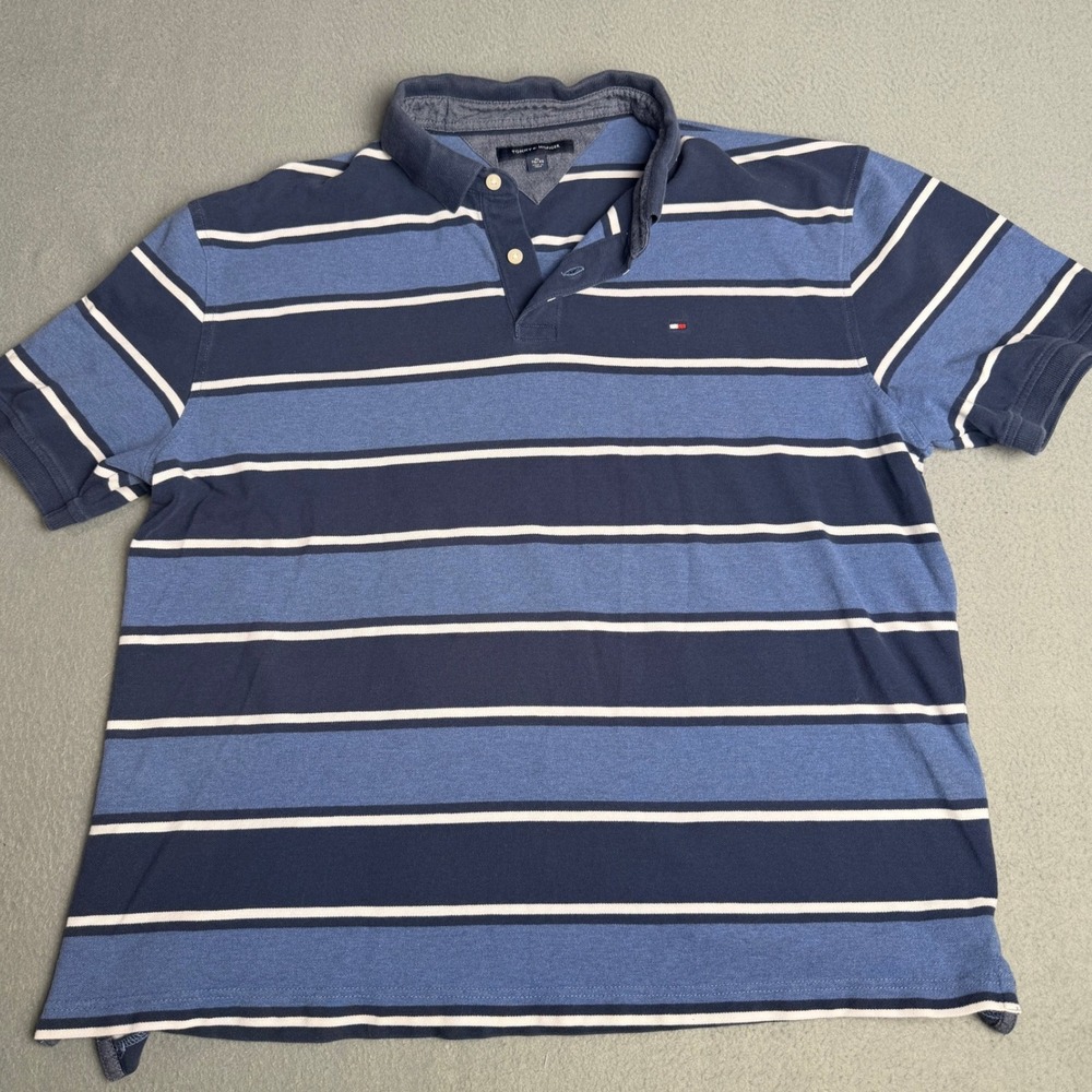 Tommy Hilfiger‎ Mens XL Blue White Striped Short Sleeve Pique Polo Shirt